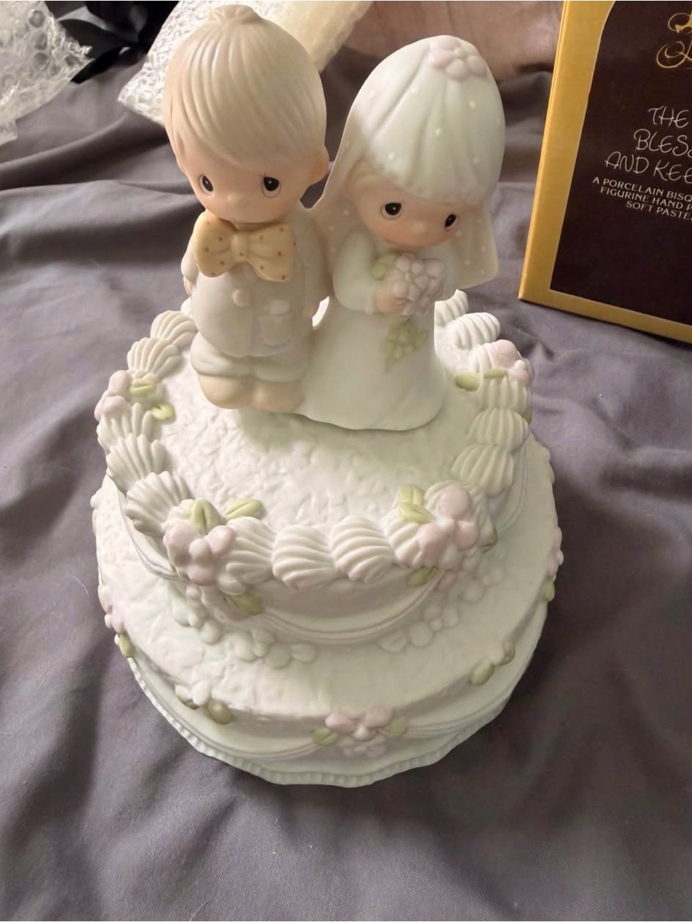 1981 Precious Moments White Musical Cake Topper with Pastel Pink & Green Accents